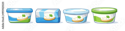 Assortment of cream cheese tubs and butter packaging with herb garnish