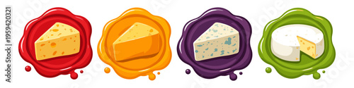 Collection of diverse cheese types presented in colorful wax seals