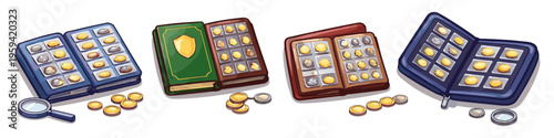 Collection albums and loose coins with magnifying glass, illustrating numismatics hobby