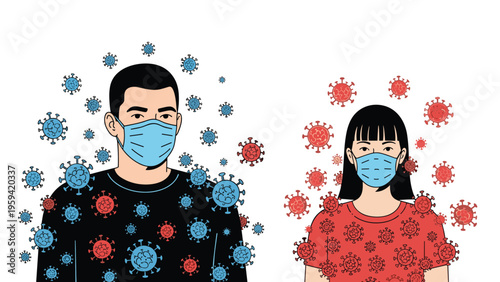 Man and woman wearing protective face masks are surrounded by blue and red virus particles highlighting the importance of health safety.
