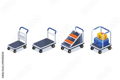 Collection of isometric luggage and hotel carts for transporting items