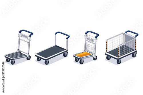 Collection of four different types of luggage carts and trolleys in isometric view