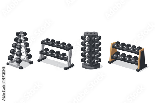 Collection of various dumbbell racks and weights for fitness training
