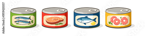 Assortment of canned seafood including fish and shrimp with labels