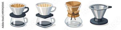 Collection of pour-over coffee makers and filters for brewing delicious coffee