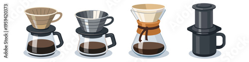 Collection of pour-over coffee makers and Aeropress for brewing delicious coffee