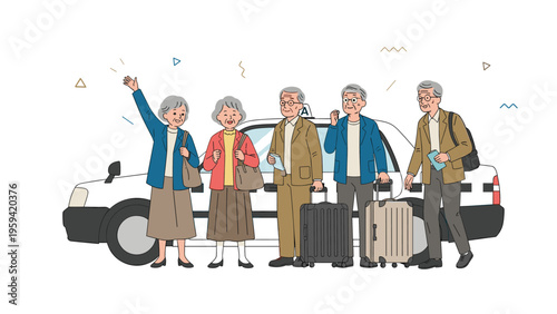 Group of five active seniors with suitcases and bags wave happily while standing in front of a white taxi prepared for their travel.