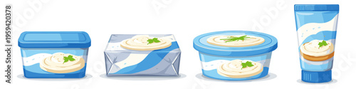 Assortment of creamy spreads in various blue packaging for dairy products