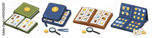 Collection of coin albums, magnifying glass, and tweezers for numismatics