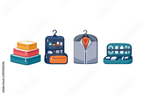 Collection of travel organizers for packing clothes, toiletries, and electronics