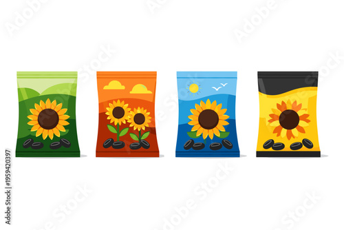 Assortment of four colorful sunflower seed packets with floral designs