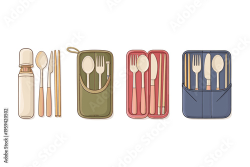 Collection of reusable cutlery sets with carrying cases and chopsticks