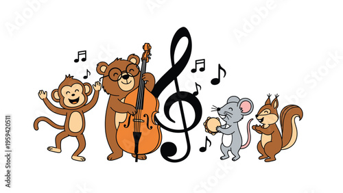Lively group of forest animals including a monkey, bear, mouse, and squirrel perform music around a large black musical treble clef.
