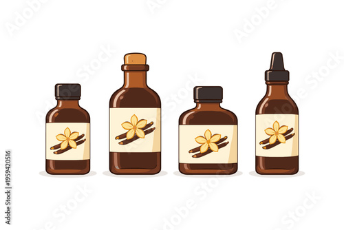 Assortment of vanilla extract bottles with vanilla beans and flowers on labels