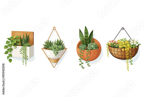 Collection of diverse hanging planters filled with lush green houseplants and succulents