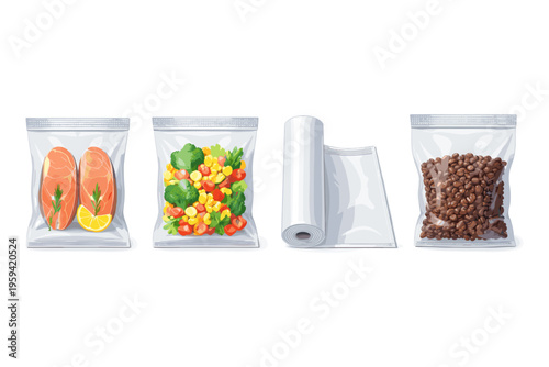Assortment of vacuum-sealed food items and packaging materials