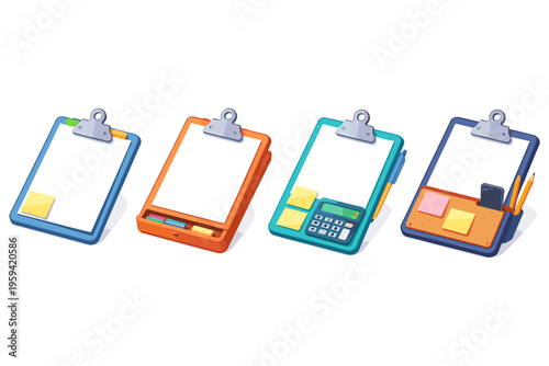 Collection of colorful clipboards with office supplies and sticky notes