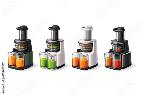 Four different juicers with colorful juices in glasses, isolated on white background