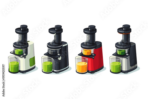 Collection of modern juicers in various colors making fresh fruit and vegetable juices