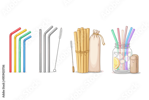 Collection of reusable drinking straws in various materials and colors