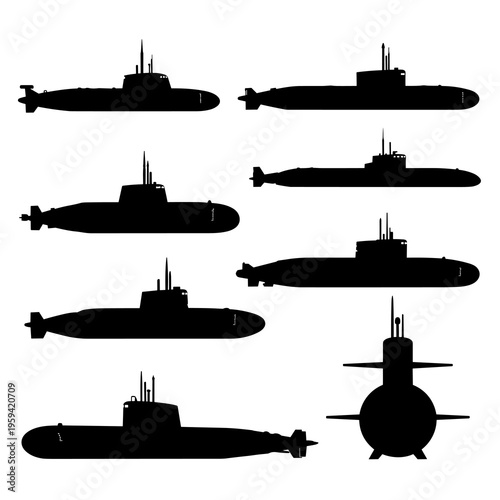 Vector Submarine Silhouettes Collection Isolated on White Background
