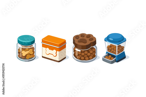 Collection of pet food containers and treats, including jars and a dispenser
