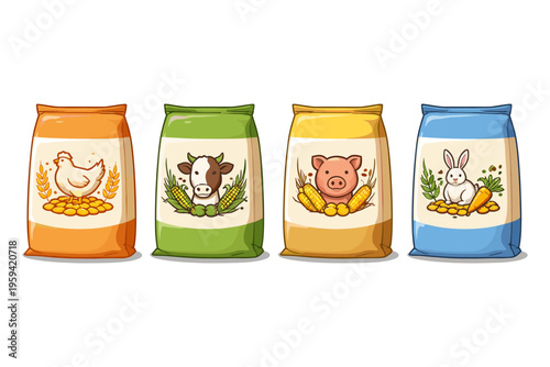 Collection of four colorful bags of animal feed with farm animal illustrations