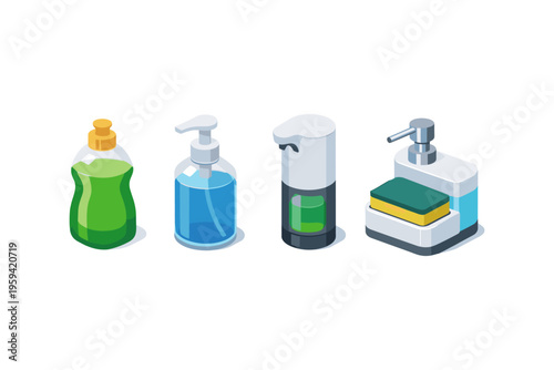 Collection of four different soap dispensers and cleaning supplies