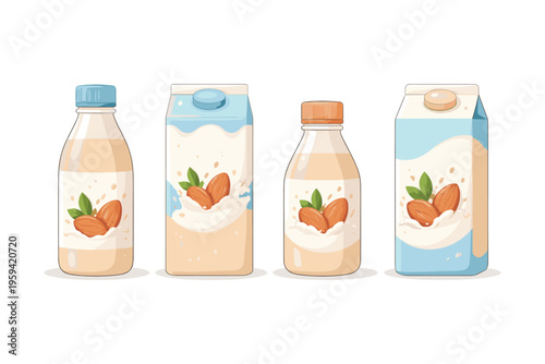 Assortment of almond milk cartons and bottles with almonds and splashes