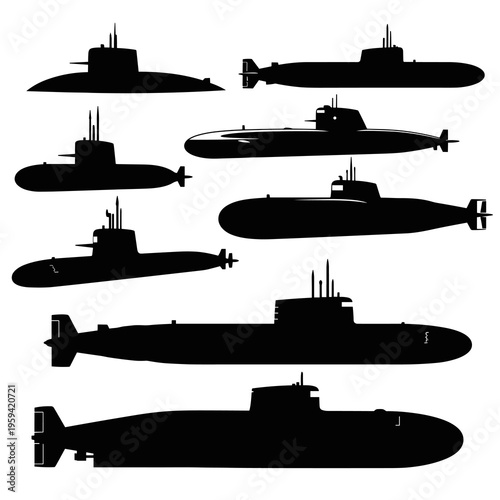 Vector Submarine Silhouettes Collection Isolated on White Background

