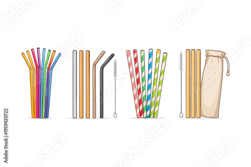 Collection of reusable drinking straws and cleaning brushes with pouch