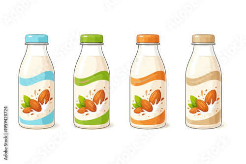 Four bottles of almond milk with different colored labels and almonds