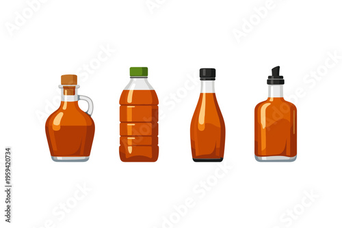 Collection of four different bottles containing amber liquid, isolated on white