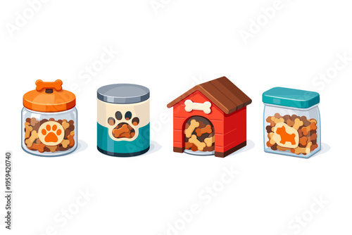 Collection of dog treats in jars and a dog house, cartoon style