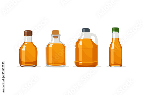 Collection of four glass bottles filled with amber liquid and various caps
