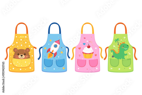 Collection of four colorful children's aprons with cute cartoon designs
