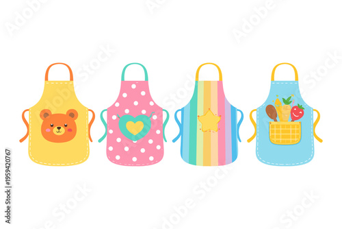 Collection of four colorful and cute children's aprons with playful designs