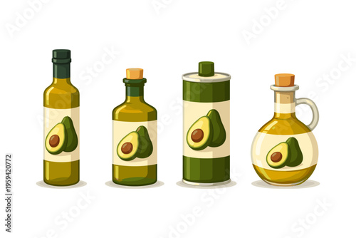 Assortment of avocado oil bottles and containers with fruit illustrations