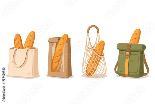 Various bags holding fresh baguettes, illustrating different ways to carry bread
