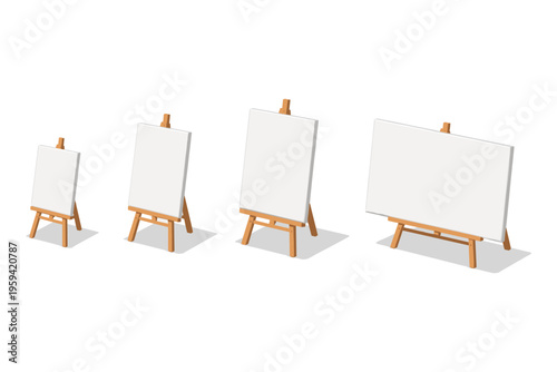 Four blank canvases on wooden easels of varying sizes and orientations