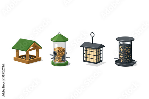 Collection of four different bird feeders with seeds and suet cakes