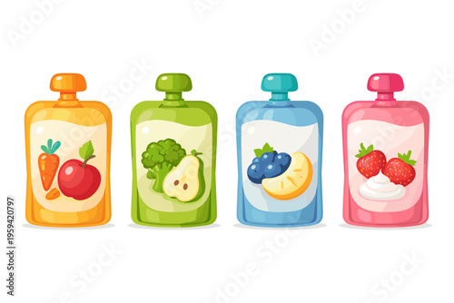 Assortment of colorful baby food pouches with fruit and vegetable illustrations