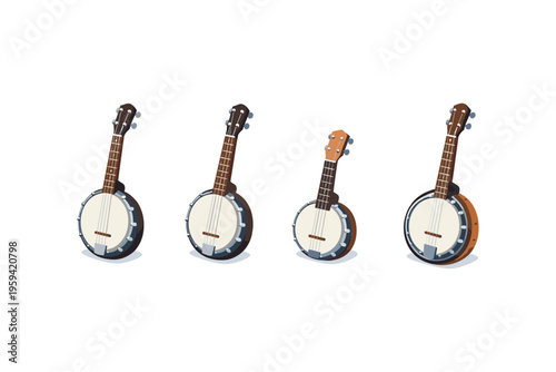 Four banjos displayed in a row, showcasing different styles and sizes