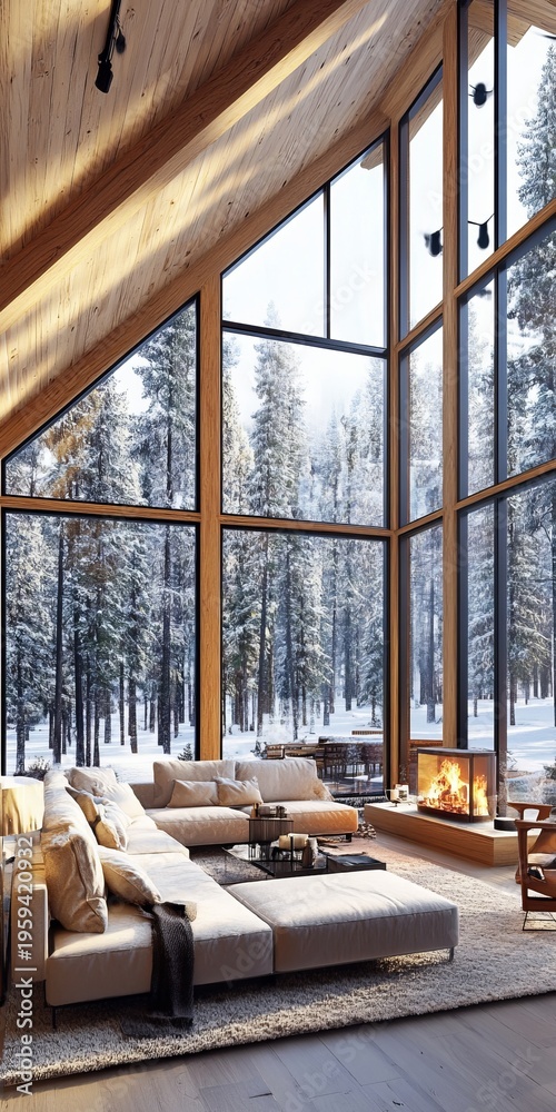 Naklejka premium Breathtaking Alpine Retreat with Cozy Interiors Overlooking Serene Snowy Landscape and Mountains
