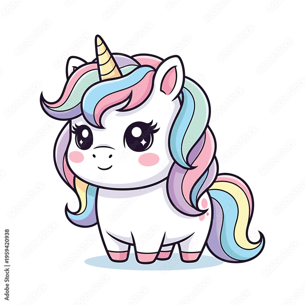 Fototapeta premium Cute Kawaii Baby Unicorn Vector Illustration with Rainbow Mane and Tail