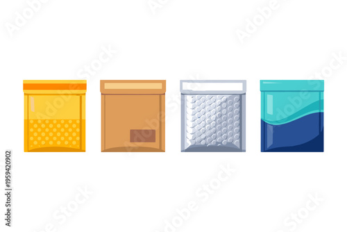 Collection of four different types of mailer envelopes and packaging materials