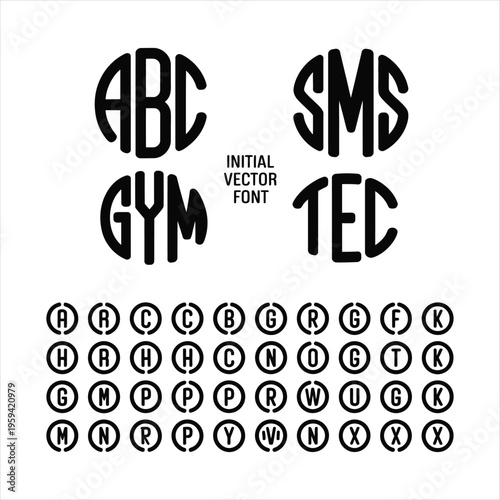 Black initial vector font with circular monogram examples and alphabet