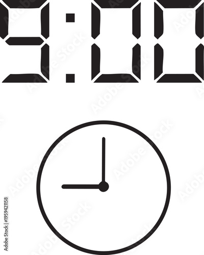Digital and analog clock showing 900 simple vector illustration for timekeeping scheduling and morning concepts isolated on white