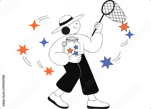 Minimalist Illustration of a Person Catching Stars and Collecting Dreams in a Jar