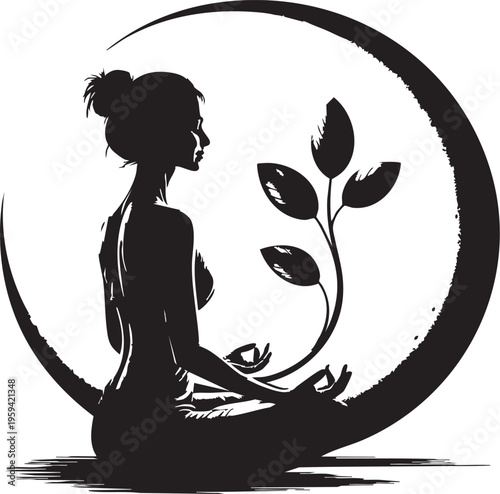 a serene woman in a yoga pose sits on a crescent moon with a plant, conveying peace and harmony, ideal for wellness and mindfulness concepts